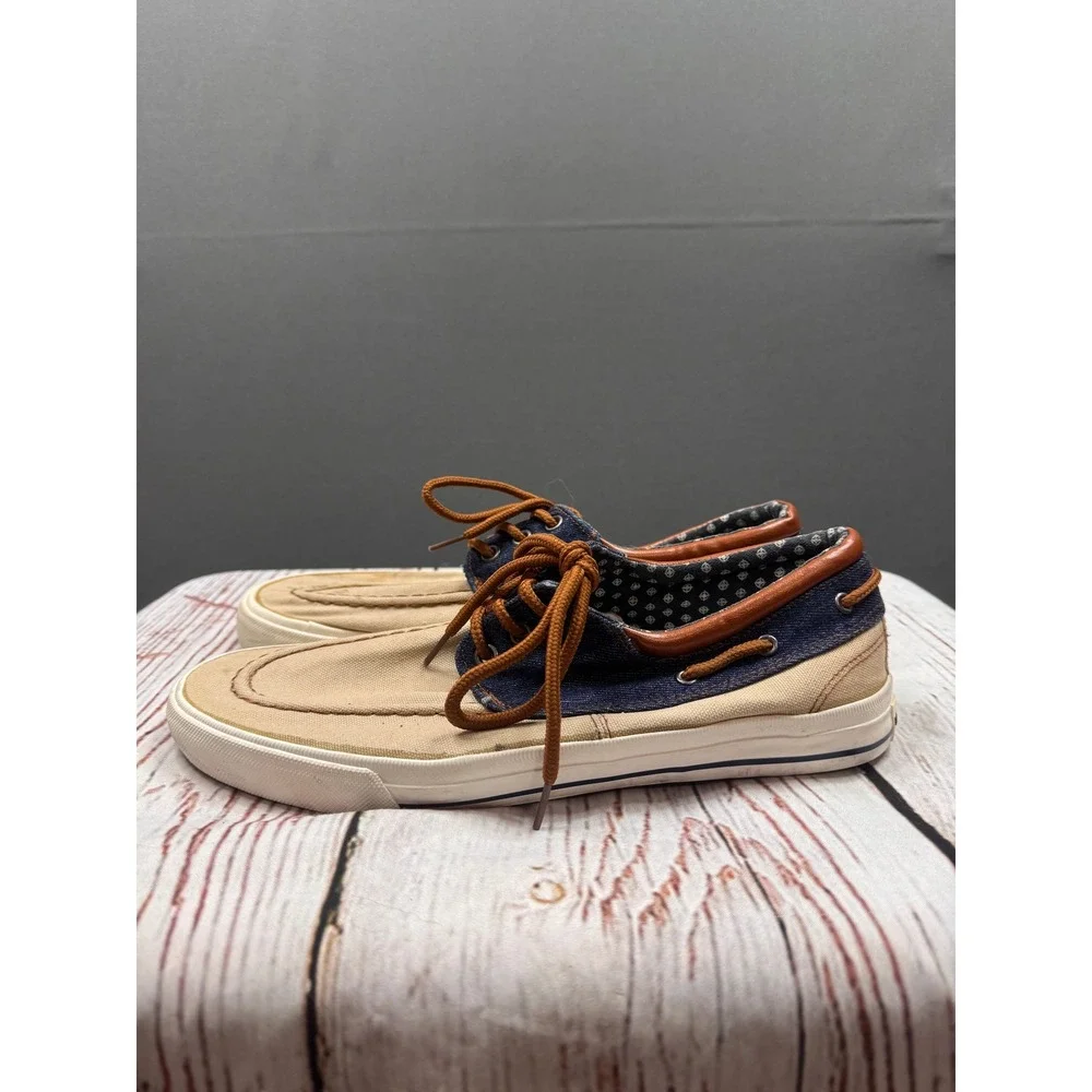 Beverly Hills Polo Club Mens BP9146 Canvas Denim Boat Shoes Tan Navy Size 9.5‎